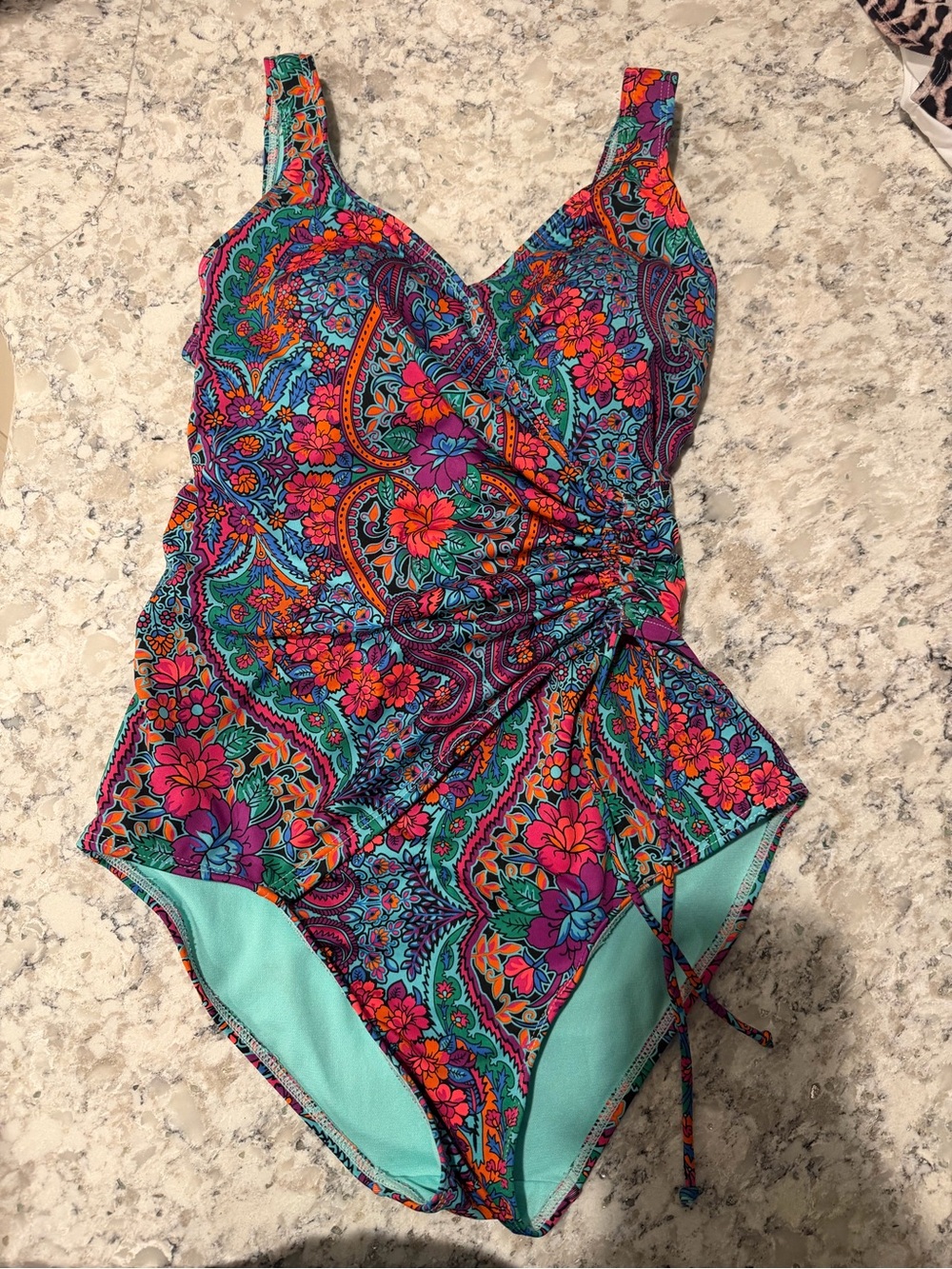 Cacique Floral Paisley One-Piece Swimsuit - Teal, Pink & Orange